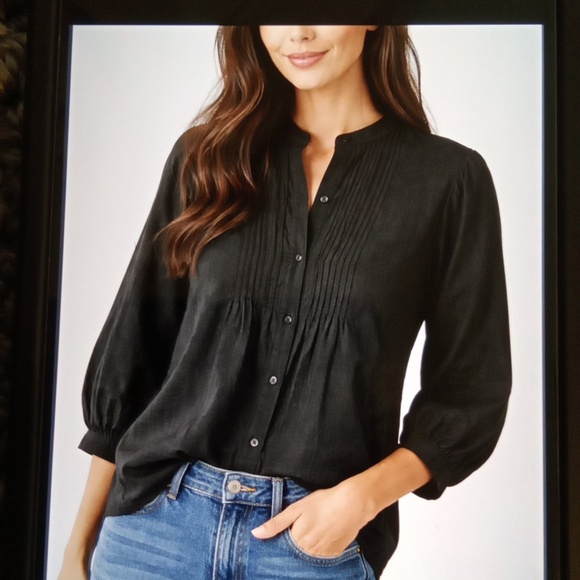 Lauren Ralph Lauren Tops - Lauren Ralph Lauren Black Button-Front Linen Pintuck Blouse Peasant Sz XL